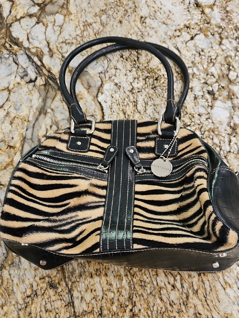 Apostrophe Y2K Vintage Zebra-Print Shoulder Bag in Black and Cream.